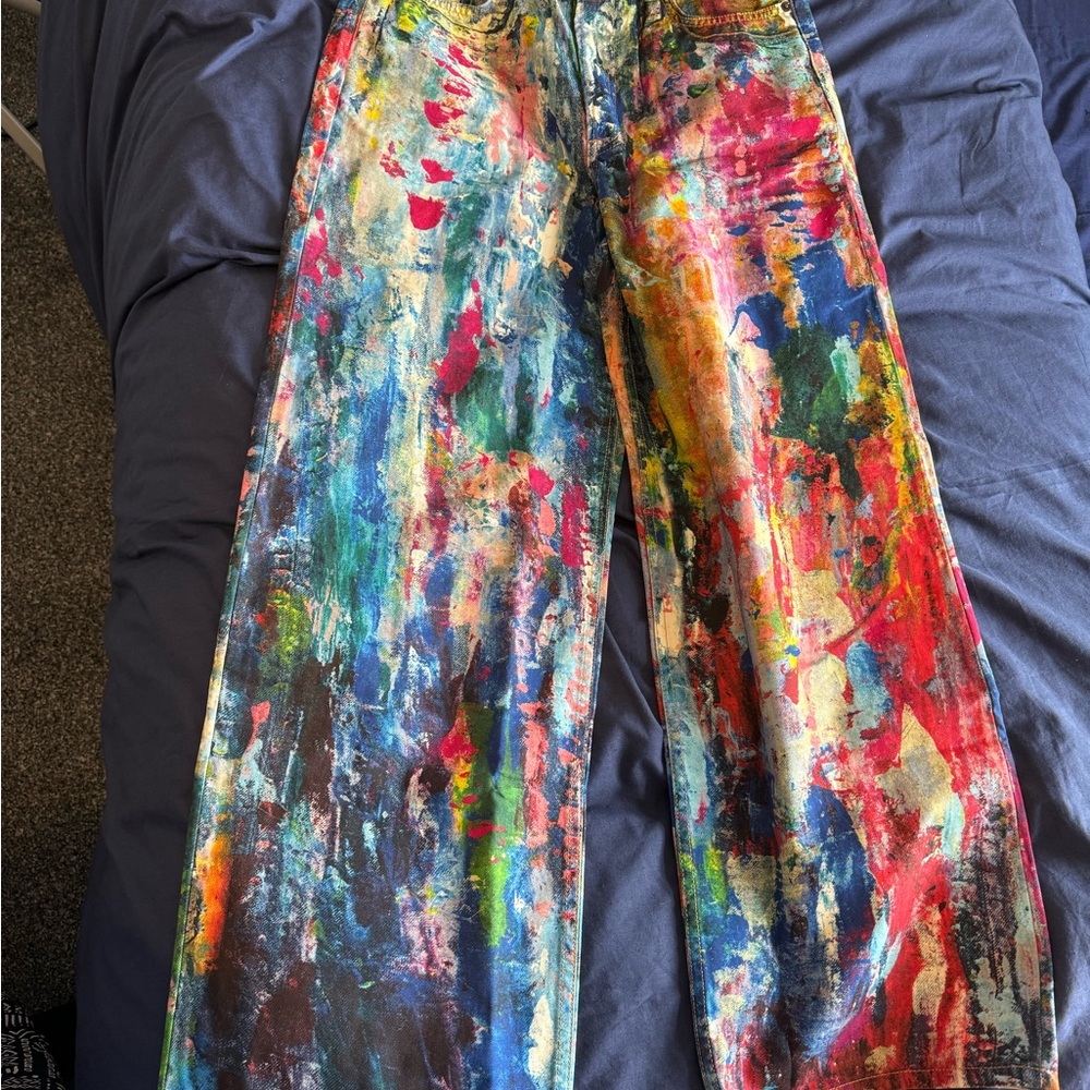 Multicolor painted print baggy fit cotton jeans women L waist 32inch